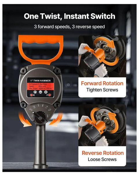 One Inch Pneumatic Impact Wrench Equipped With Twin Hammer Action Pumps Out 1200 Ft Lbs Of Nut Bustin Torque For Corroded Stuck Fasteners, showing speed switch and usage.