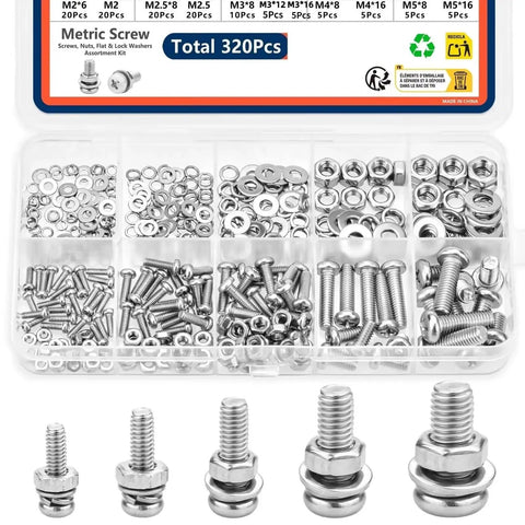All In One M2 To M5 Metric Hex Nut Bolt Screw Set For Electronics, 3D Printing, Furniture, And Repairs, Includes M2 M3 M4 M5 Nuts And Bolts For Precise Projects, Great For DIYers, Makers, And Small Workshops. transparent organizer with M2-M5 screws, nuts, and washers