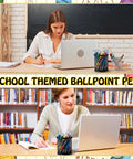 Two women working with laptops and writing with 100 Pack Crayon Themed Ballpoint Pens Bulk Pack Cute Back To School Gifts