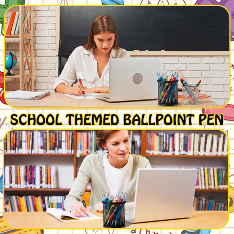 Two women working with laptops and writing with 100 Pack Crayon Themed Ballpoint Pens Bulk Pack Cute Back To School Gifts