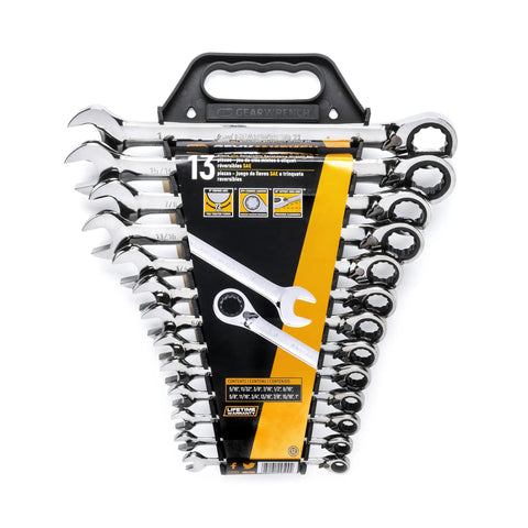 Beefy Thirteen Piece SAE Reversible Ratcheting Wrench Set With 12 Point Box Ends, black holder package, mechanics tools displayed