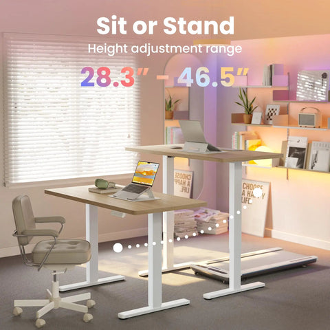 Compact 32 Inch Electric Standing Desk With Four Memory Height Settings For Home Office And Computer Workstation In Light Walnut Finish Electric Sit Stand Adjustable Height From Twenty Eight To Forty Six Inches, shown in modern home office setup with chair and laptop