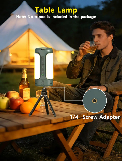 Outdoor scene with Rechargeable 3-In-1 Camping Lantern on table, showing 1/4 inch screw base next to man and tent.