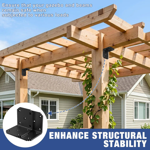 Heavy Duty 4x4 L Bracket Black 90 Degree Corner Post Connector Deck And Pergola Framing Solid Steel Joint Support 2 Pack mounted on a wooden pergola.