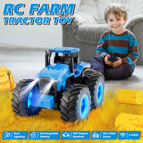 Child playing with Remote Control Monster Tractor Toy With Glowing Rubber Tires, 2 4GHz RC Tractor For Boys Aged 3 4 5 6 7