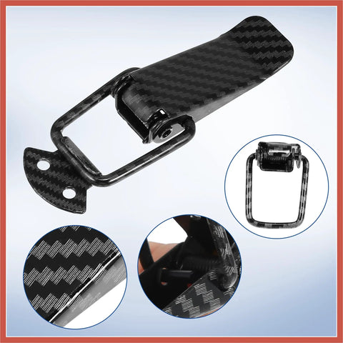 Universal Car Bumper Security Hook Lock Clips Quick Release For Trunk And Fenders Carbon Fiber Pattern 105x33mm 2 Pack shown in detail.
