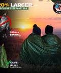 Couple using Ultra Large Waterproof Emergency Sleeping Bag For Survival And Hypothermia Prevention in sunset scene.