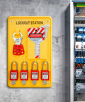 Heavy-Duty Lockout Tagout Station Kit With 4 Brass Cylinder Safety Padlocks, Hasp and OSHA Compliance Tags, installed on a wall