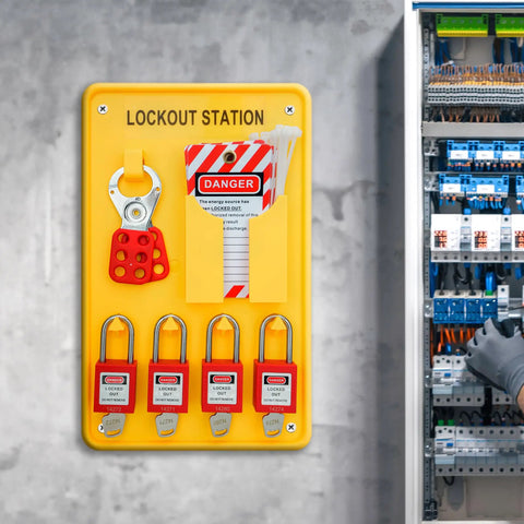 Heavy-Duty Lockout Tagout Station Kit With 4 Brass Cylinder Safety Padlocks, Hasp and OSHA Compliance Tags, installed on a wall