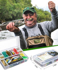 Man holding fish with All In One Pro Grade Fishing Lures Kit, showing tackle box with crankbaits, spinnerbaits, plastic worms, jigs
