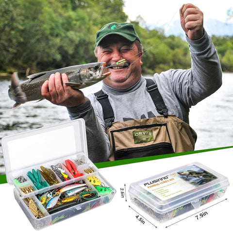 Man holding fish with All In One Pro Grade Fishing Lures Kit, showing tackle box with crankbaits, spinnerbaits, plastic worms, jigs