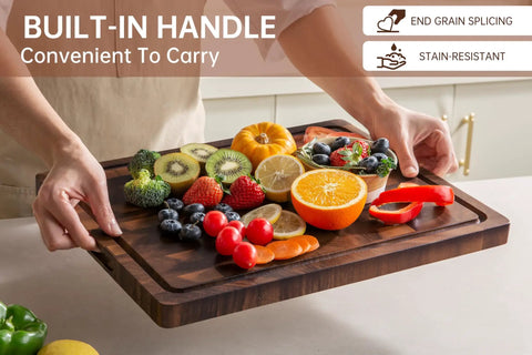 Top Shelf Solid Walnut End Grain Cutting Board Heavy Duty Kitchen Prep Surface With Deep Juice Channels 17X13X1 Inch with fruits