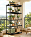 Heavy Duty Garage Shelving 2100 Lbs Capacity With Thick Steel Frames And Reinforced MDF Shelves displayed with potted plants.