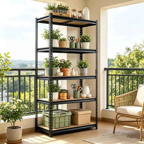 Heavy Duty Garage Shelving 2100 Lbs Capacity With Thick Steel Frames And Reinforced MDF Shelves displayed with potted plants.