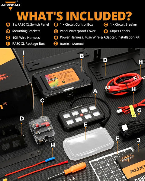 8 Gang RGB Switch Panel 5 Inch Large for Car Truck SUV RV Camper Van Offroad 12V Toggle Momentary Pulsed Lighting Modes Color Changing LED Interface Easy Install and 3 Year Warranty with installation kit components laid out, including wiring and labels.