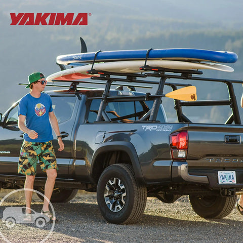 Beefy 60 Inch Aluminum Roof Rack Cross Bars With Integrated Tie Down Points And T Slot Mounts For Rooftop Tents on a pickup truck with surfboards.