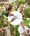 Pro Grade High Performance Garden Pruners With SK5 Steel Blades For Precise Bypass Pruning Shears Rose Bush And Hedge Trimming in use by people in various gardening tasks.