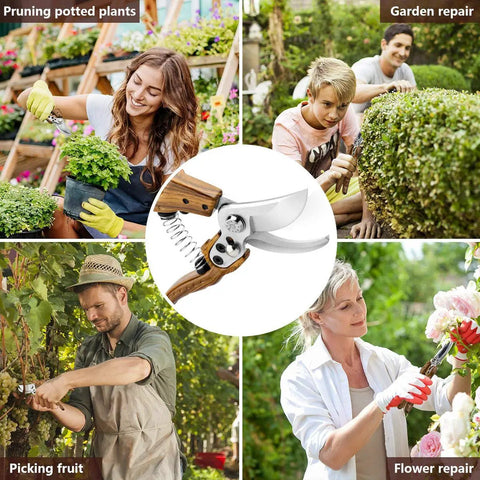 Pro Grade High Performance Garden Pruners With SK5 Steel Blades For Precise Bypass Pruning Shears Rose Bush And Hedge Trimming in use by people in various gardening tasks.
