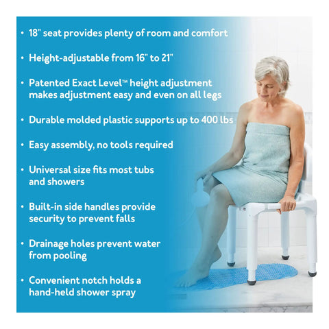 Senior Safe Bath Chair with Backrest for Shower or Tub, non-slip legs and supports up to 400 lbs, woman using chair in shower