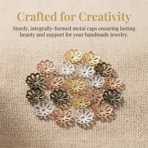 Natural Metal Bead Caps And Flower Spacer Pendants For DIY Jewelry Making 0.27 Inch End Caps On Burlap Surface