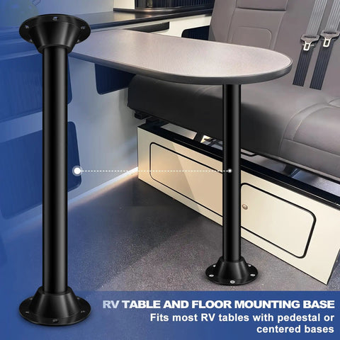 Heavy Duty Aluminum Rv Table Base Mount And Camper Table Legs With Tool Free Height Adjustment Rust Proof Caravan Support Post No Sweat Setup Road Trip Ready Kit For Travel Trailers, black mounting pole with table top.