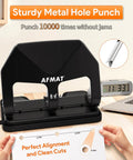 Heavy Duty Three Hole Punch 50 Sheet Capacity With 50 Percent Less Effort Labor Saving Lever No Fuss Large Chip Tray Adjustable Paper Guide Metal Office Punch For Binders HP20 Black on desk