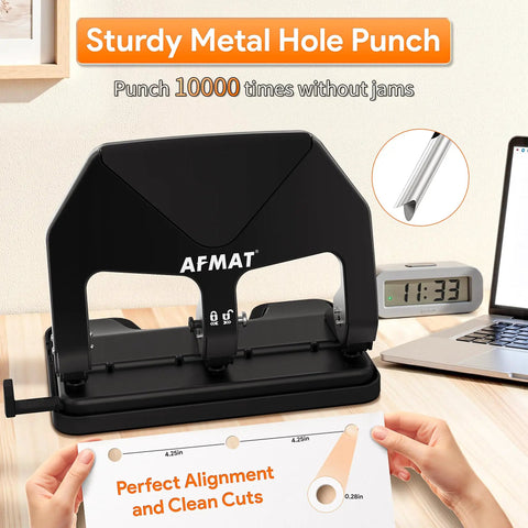 Heavy Duty Three Hole Punch 50 Sheet Capacity With 50 Percent Less Effort Labor Saving Lever No Fuss Large Chip Tray Adjustable Paper Guide Metal Office Punch For Binders HP20 Black on desk