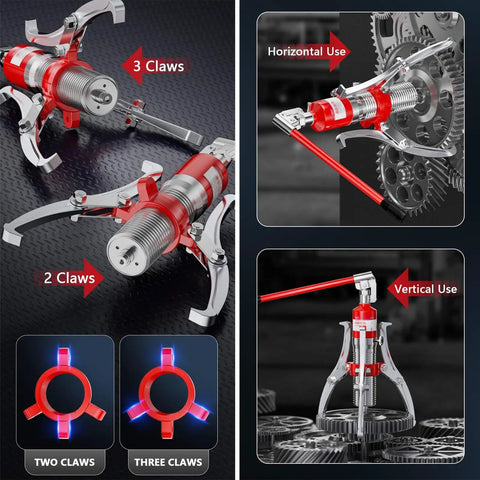 Portable Hydraulic Gear Puller Set With 2-Jaw And 3-Jaw Modes, showing configurations and horizontal, vertical use.