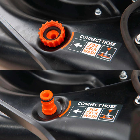 Close-up of hose connection for Electric Start Gas Walk Behind Lawn Mower With CVT Transmission, 6 Speed Pace Control