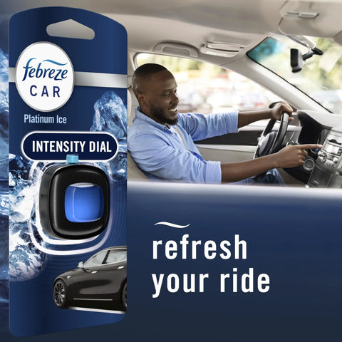 Top Tier Car Air Freshener Vent Clip With Platinum Ice Scent shown in car with driver adjusting intensity dial.