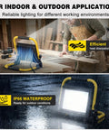 Ultra Bright 10000 Lumen Portable Work Light With Stand showing heat dissipation indoors and IP66 waterproof outdoors