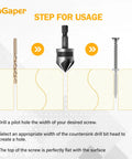 82 Degree Five Flute Countersink Drill Bit Set, Five HSS Bits With One Quarter Inch Hex Shank usage instructions with diagram and screw