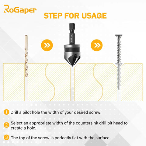 82 Degree Five Flute Countersink Drill Bit Set, Five HSS Bits With One Quarter Inch Hex Shank usage instructions with diagram and screw