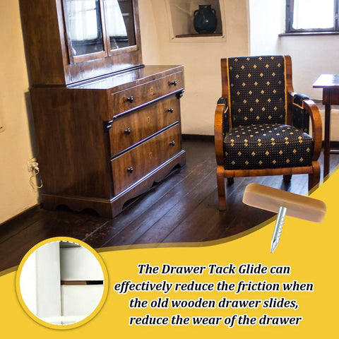 60 Piece Tack In Drawer Glides For Dressers And Furniture Repair featuring hard plastic cushions beside a wooden dresser.