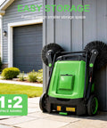 42 Inch Walk Behind Manual Floor Sweeper With 15 Gallon Waste Container And Wide Side Brushes For Garage Warehouse Yard Cleanup Heavy Duty Human Powered Build So You Can Sweep Floors With Zero Sweat Daily, folded against wall.