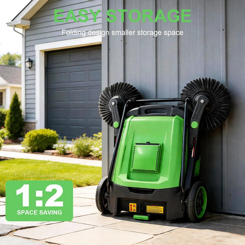42 Inch Walk Behind Manual Floor Sweeper With 15 Gallon Waste Container And Wide Side Brushes For Garage Warehouse Yard Cleanup Heavy Duty Human Powered Build So You Can Sweep Floors With Zero Sweat Daily, folded against wall.