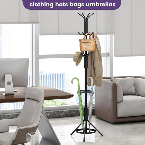Freestanding Coat Rack With 12 Hooks And Umbrella Holder For Entryway Or Hallway Sturdy Metal Tree Stand In Black with bags and umbrellas shown