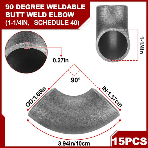 15 Pcs 1-1/4 Inch Seamless Steel Pipe Fittings Handrail Elbows 90 Degree Weldable Butt Weld Schedule 40 Iron Fittings, Front View