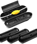 4 Pack Extension Cord Protective Cover Set Black Capsule Shaped Water Resistant Holders open view with cord inserted indoors or outdoors