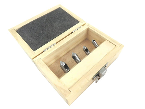 Single Flute Countersink Chamfer Tool Set 82 Degree 4 Piece With Wooden Box shown in open wooden storage box