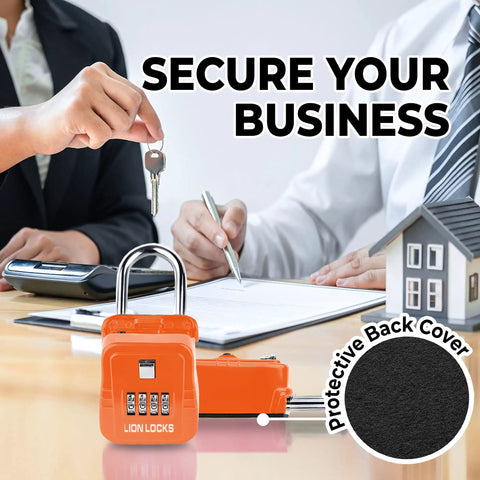 Heavy Duty 5 Key Lock Box With Code For Outdoor Use Built Tough For Real Estate Agents And Short Term Rentals A Go To Realtor Lock Box That Holds Five Keys Durable Weather Resistant And Easy To Use Comes In A 6 Pack Orange on table with people signing documents