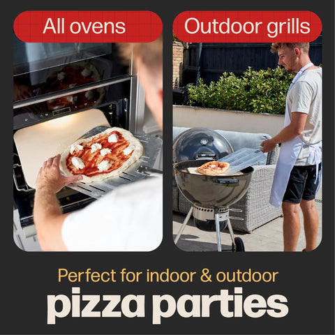 Hans Grill Pizza Peel PRO, perforated metal paddle for pizzas; used to launch and retrieve pizzas in oven or on grill.