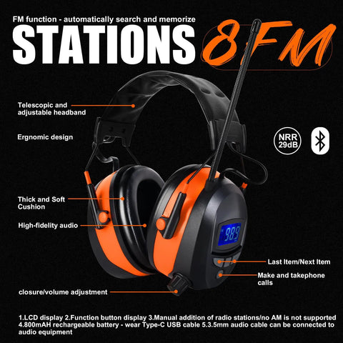 Safety Bluetooth Earmuffs For Mowing And Power Tools With FM Radio NRR 29dB Industrial Hearing Protection Noise Canceling