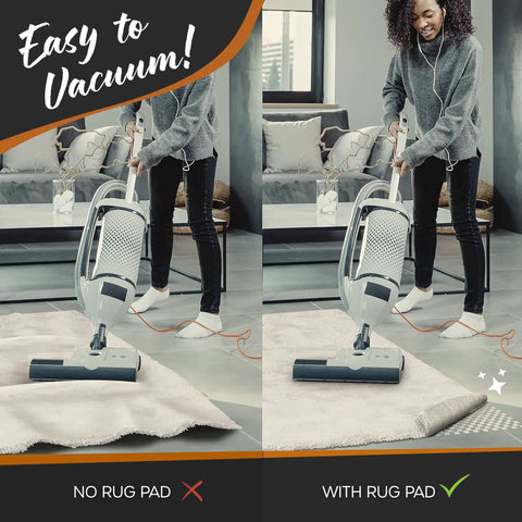 Side by side comparison of vacuuming with and without a Non Slip Rug Pad Roll 2 Ft By 60 Ft For Runners And Large Rugs on hardwood.