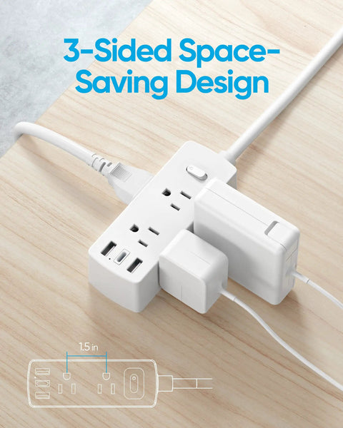 Ultra Slim Power Strip With Five Foot Extension Cord, Six Outlets, Two USB A Ports, And One USB C Port, 9-In-One Three-Sided Outlet Extender