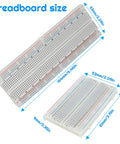 All In One Breadboard Starter Kit With 400 And 830 Breadboards, showing detailed dimensions in millimeters and inches.