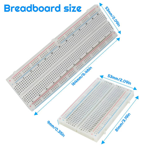 All In One Breadboard Starter Kit With 400 And 830 Breadboards, showing detailed dimensions in millimeters and inches.