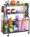 Heavy Duty Sports Equipment Garage Organizer With Ball Storage Rack Basket Hooks And Rolling Cart For Sports Gear And Toy Storage Indoor Outdoor Use Black containing various sports gear.