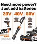 Power tools and batteries with 20V, 40V, 80V options for lawn care equipment including drill and lawnmower.