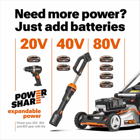 Power tools and batteries with 20V, 40V, 80V options for lawn care equipment including drill and lawnmower.